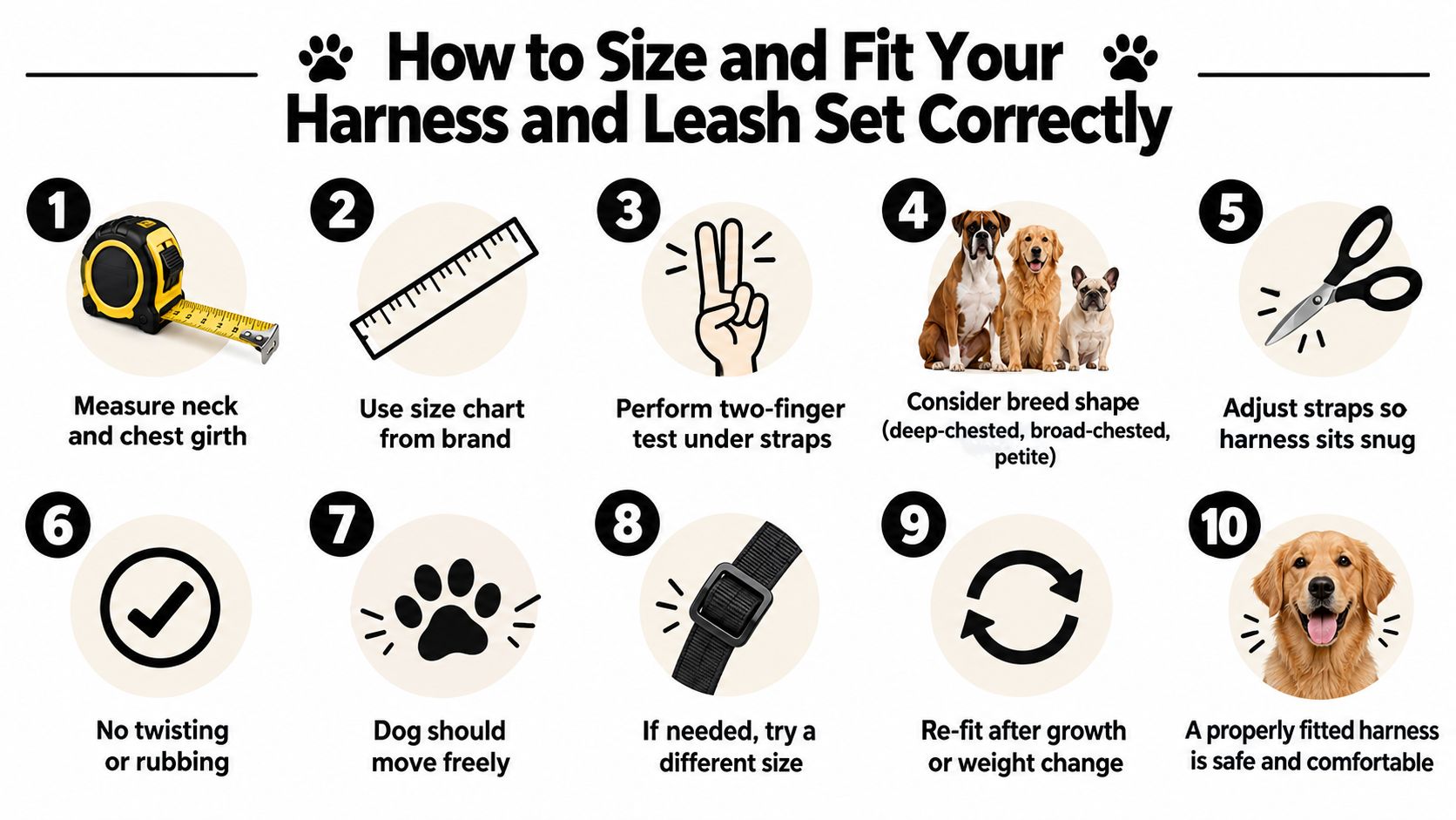 An instructional infographic detailing ten steps for sizing and fitting a dog harness and leash set properly.
