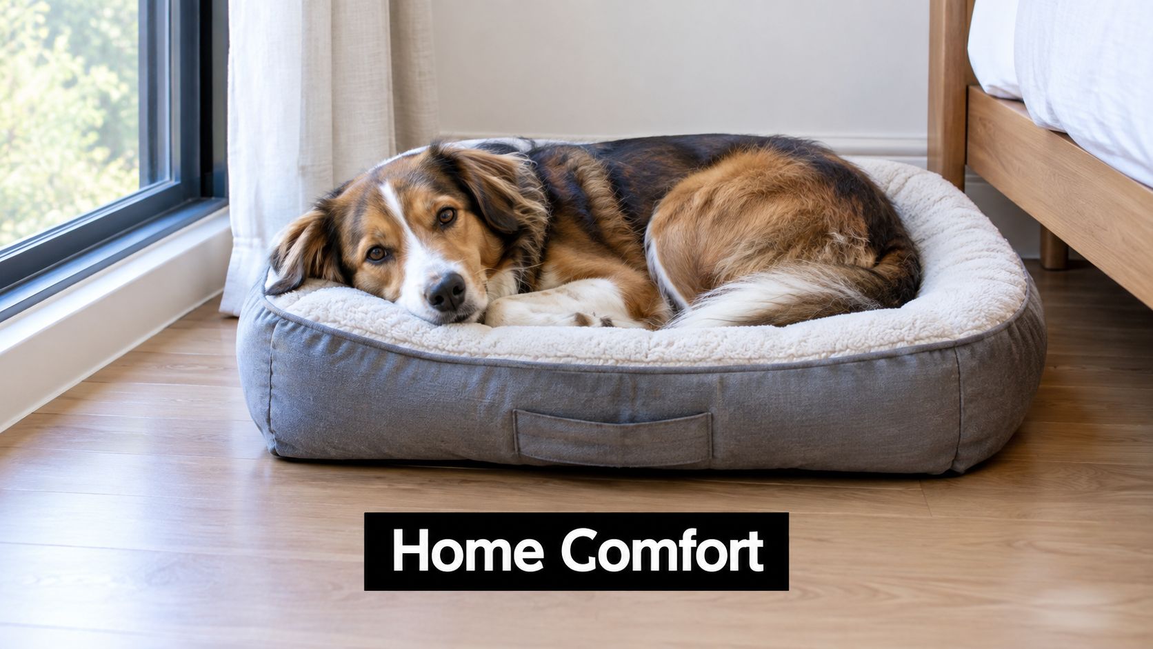 A brown and white dog resting comfortably on a grey plush dog bed near a window.