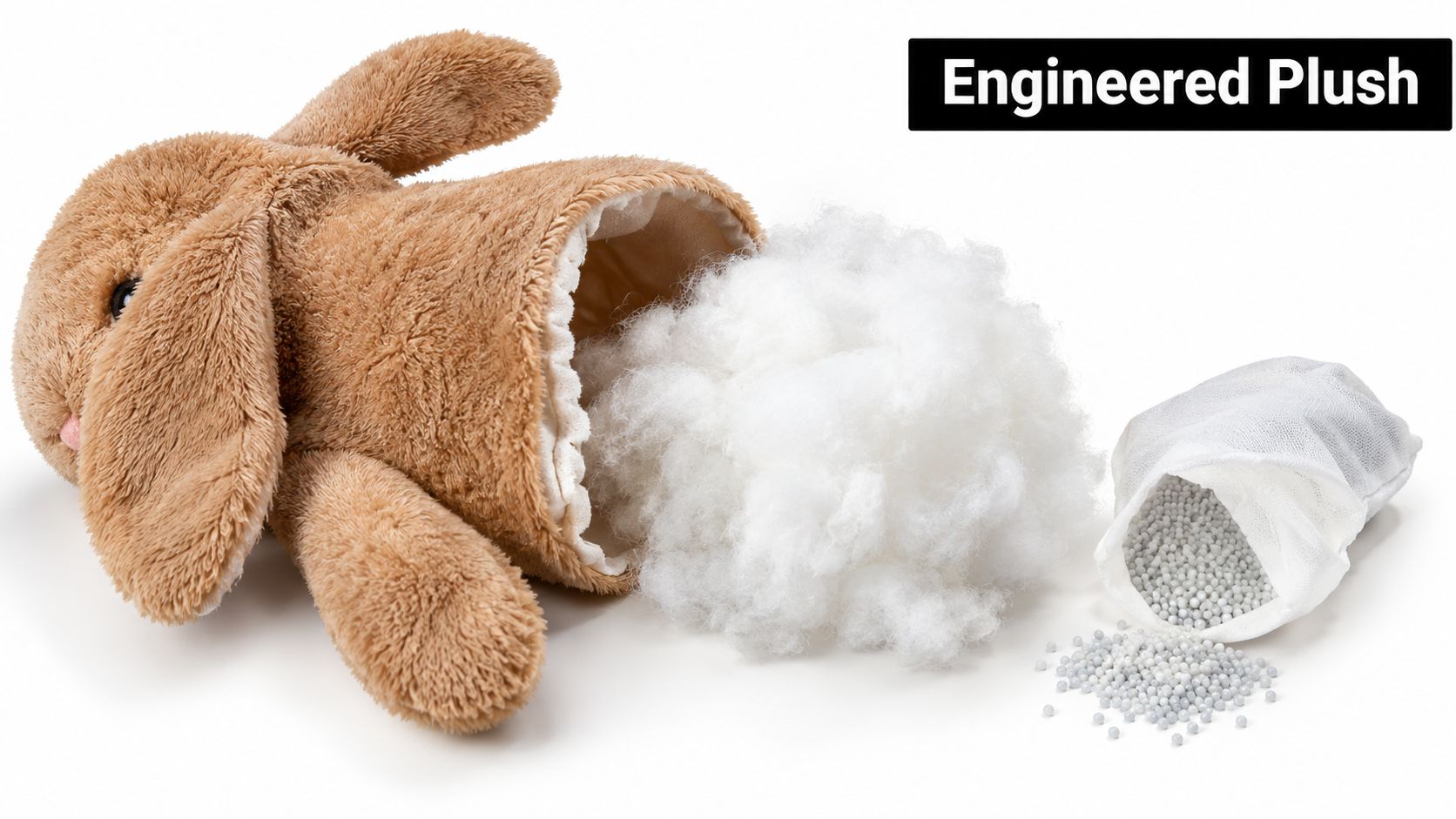 A partially disassembled brown plush bunny toy revealing its internal polyester fiberfill stuffing and a small pouch of pellets.