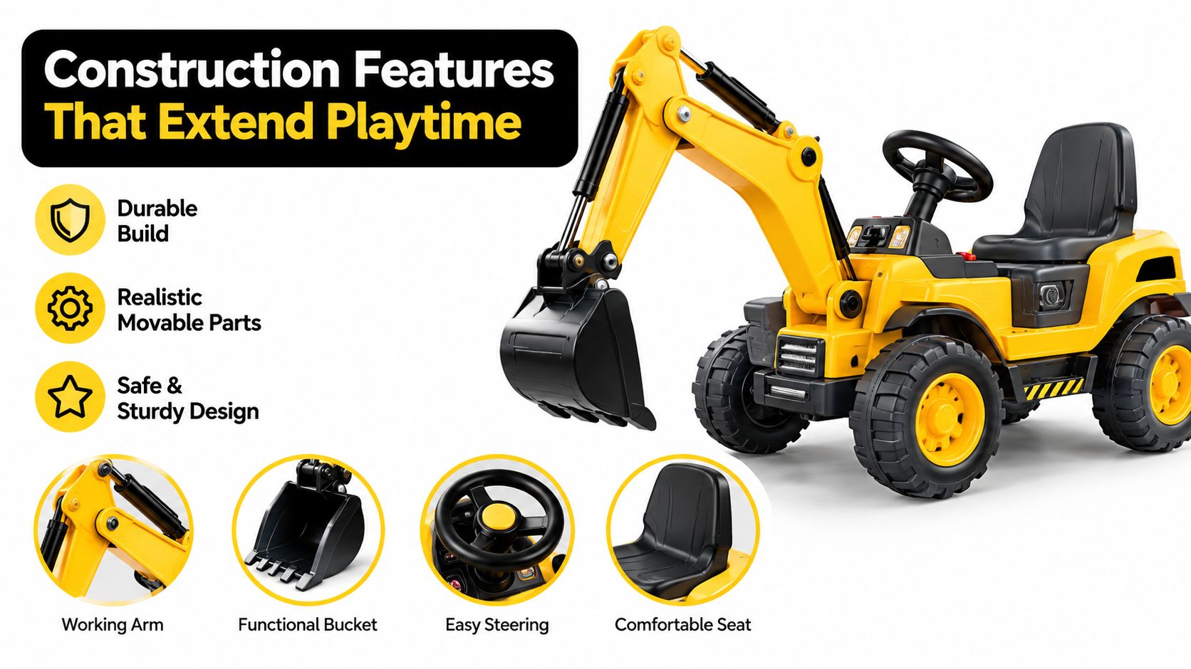 A yellow toy excavator for children featuring movable parts and a sturdy, durable construction design.