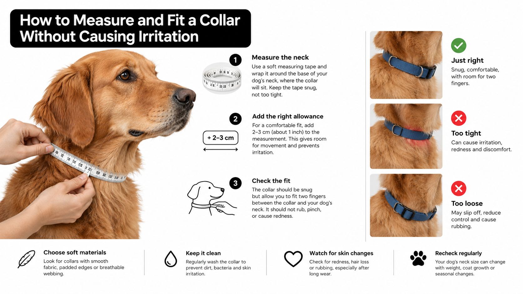 An infographic showing how to measure and fit a dog collar correctly to prevent skin irritation.