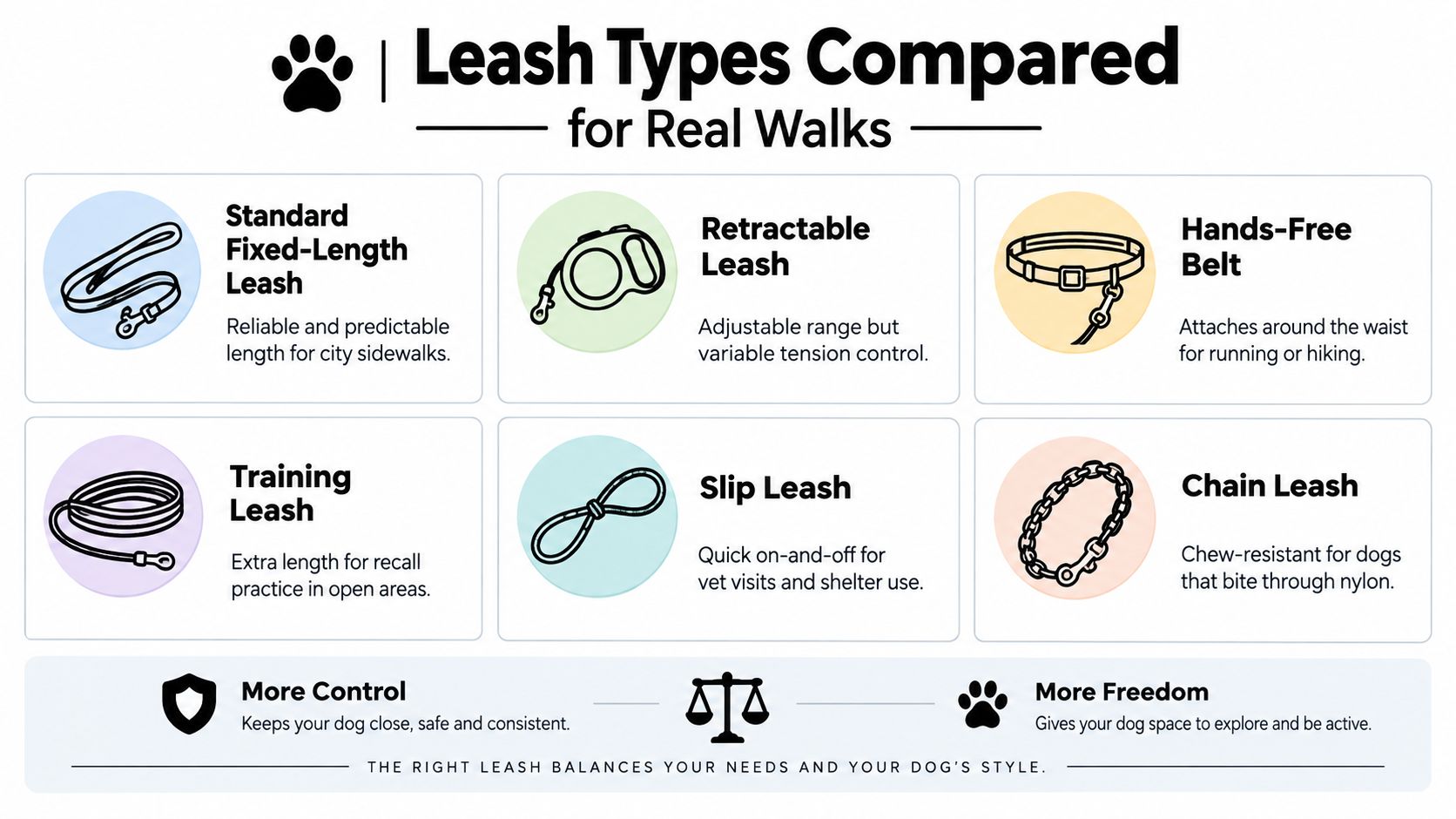 An infographic comparing different types of dog leashes, including standard, retractable, hands-free, training, slip, and chain leashes.