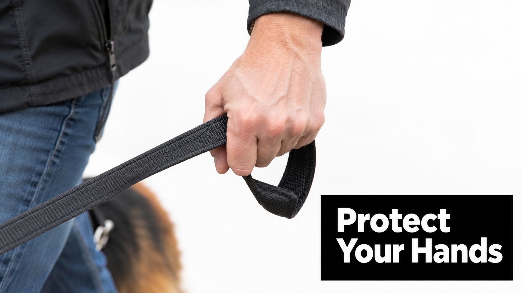 A close-up view of a person holding a black dog leash, emphasizing hand comfort and safety.