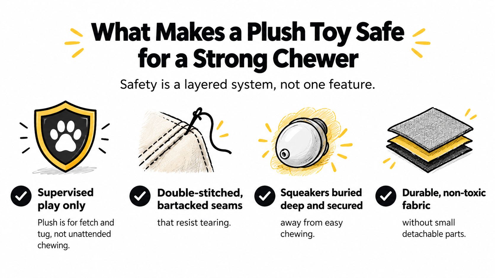 An infographic illustrating four essential safety features of plush dog toys designed for strong chewers.