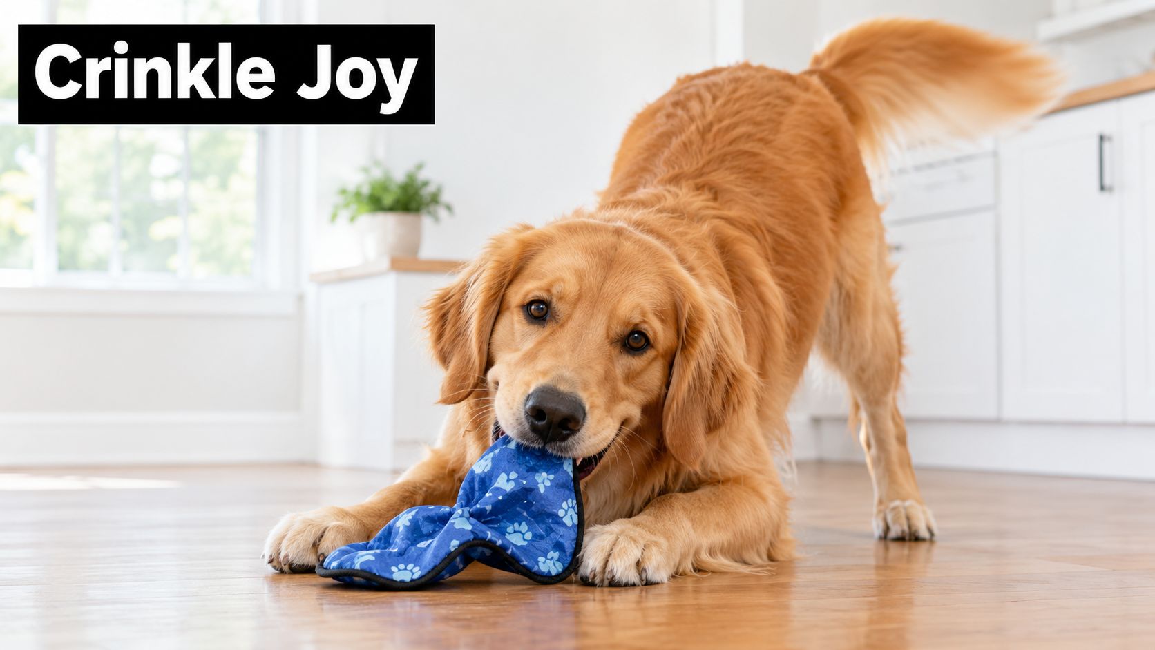 A playful Golden Retriever dog crouching on a wooden floor while biting a blue crinkle toy.