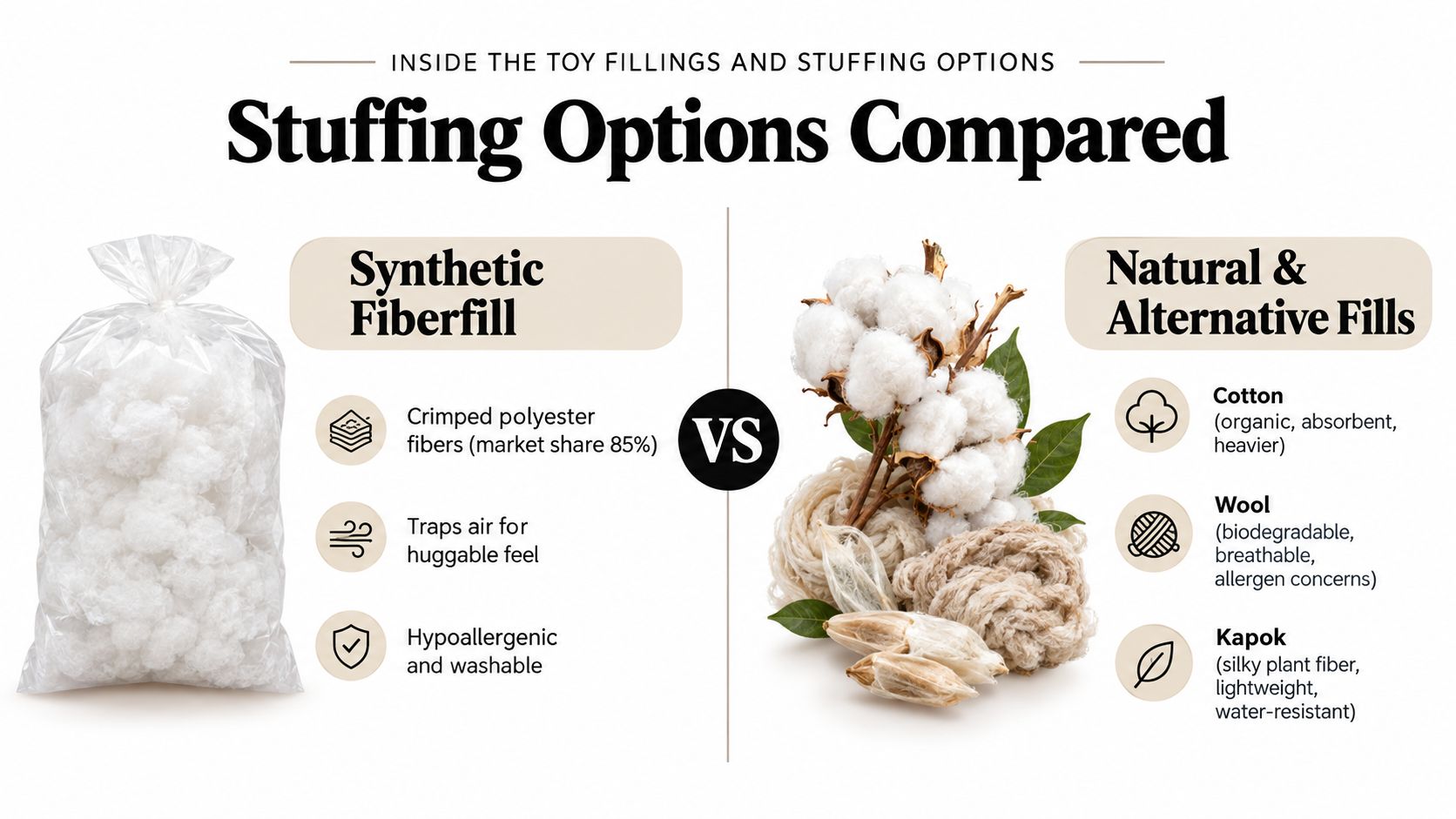 A comparison chart showing the differences between synthetic fiberfill and various natural toy stuffing materials.