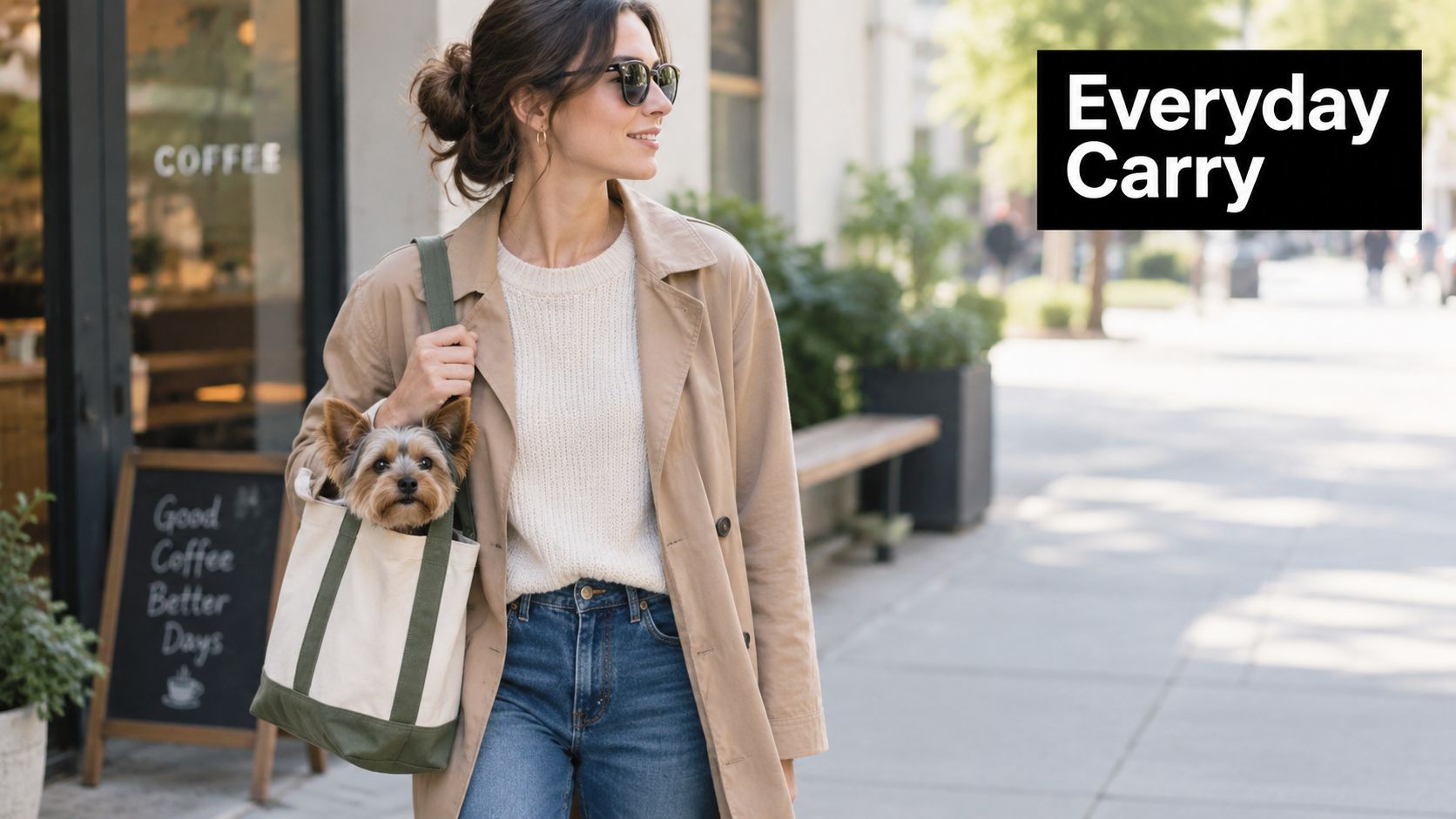 A smiling woman walks down a city sidewalk carrying a small dog inside a canvas tote bag.
