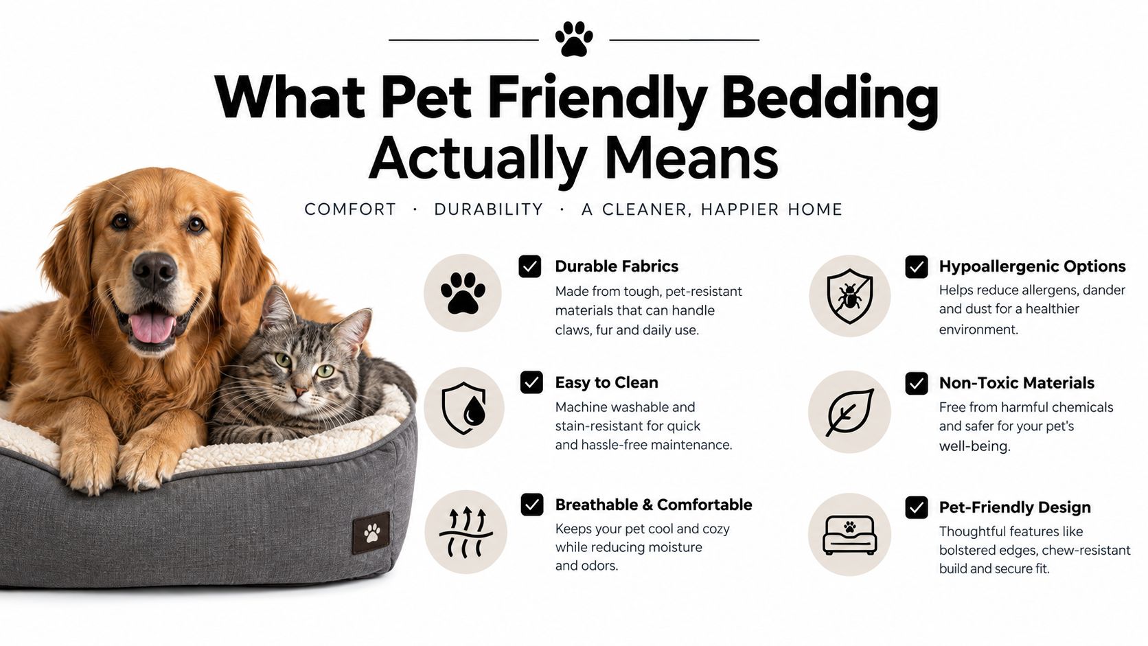 A dog and cat resting comfortably in a soft, grey, pet-friendly bed with informative infographic text.