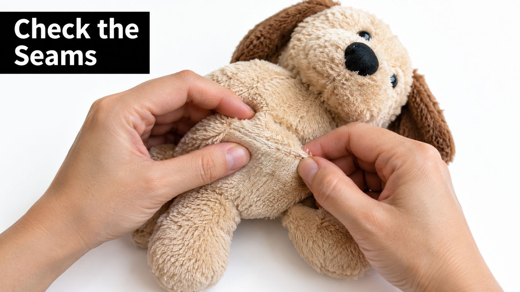 A pair of hands examining the seams of a plush toy dog to check for durability