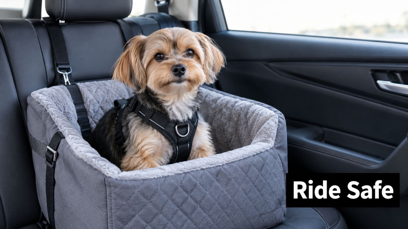 A small dog sitting comfortably in a grey quilted booster seat inside a car backseat.