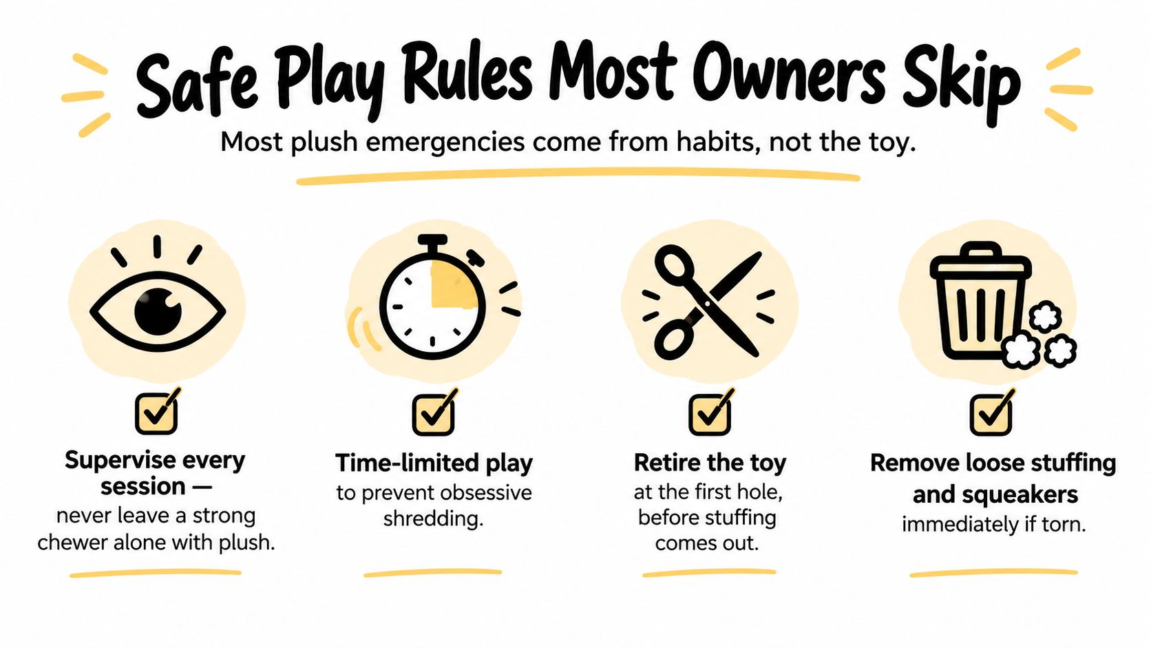 A safety infographic illustrating four essential rules for safe play with plush dog toys to prevent emergencies.