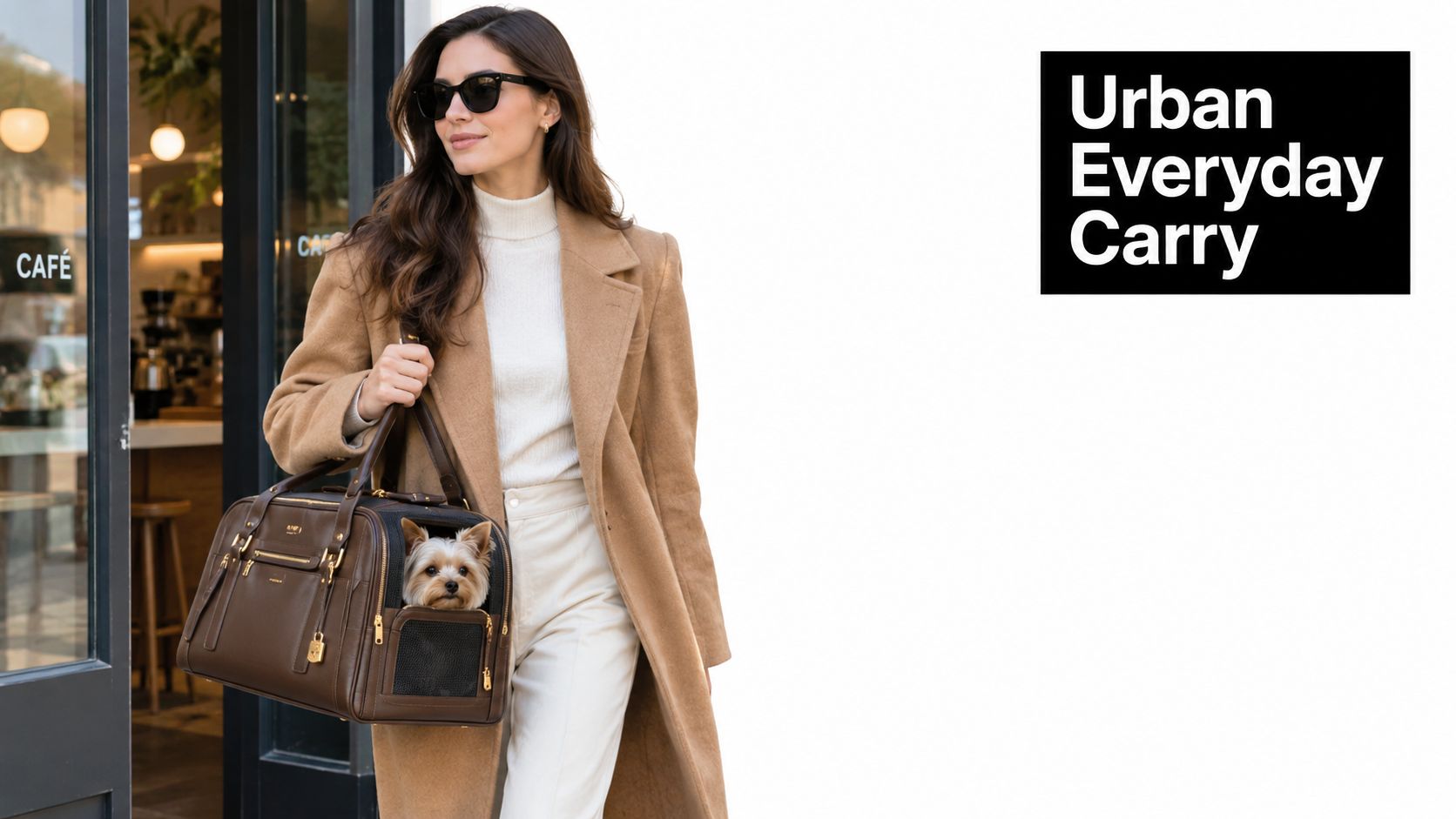 A stylish woman in a tan coat carries a brown leather dog carrier bag with a puppy.