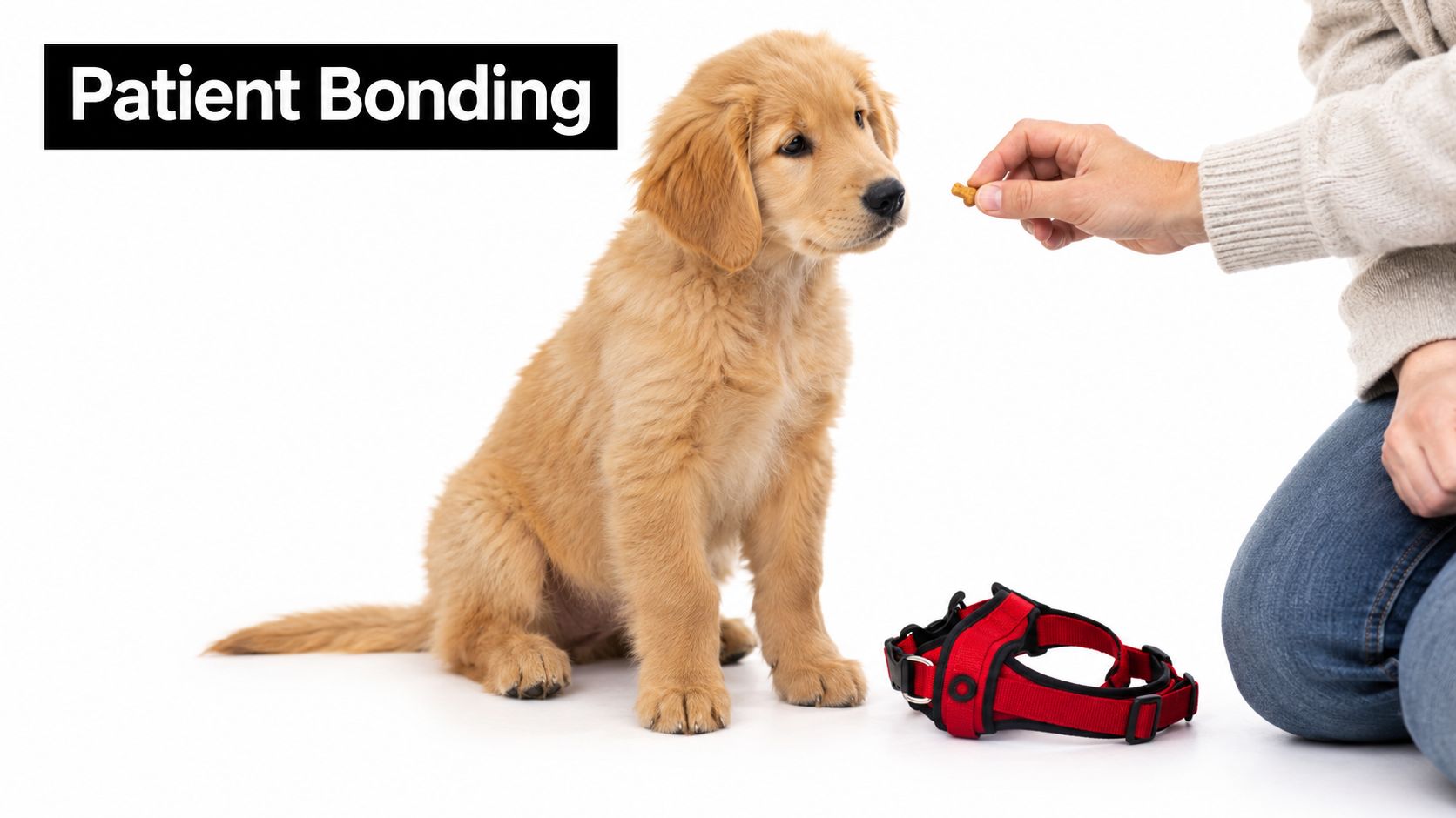 A puppy training with its owner, who holds a treat near a red dog harness on the floor.