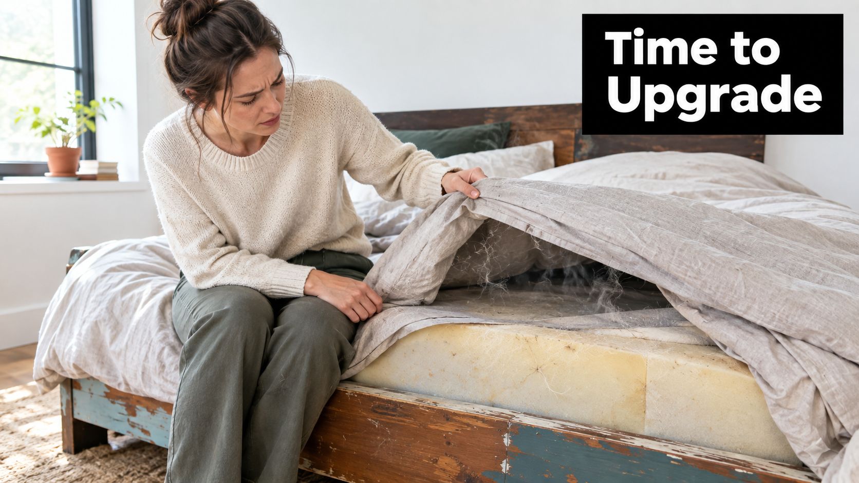 A frustrated woman inspecting a worn-out, shedding mattress cover on her rustic wooden bed frame.