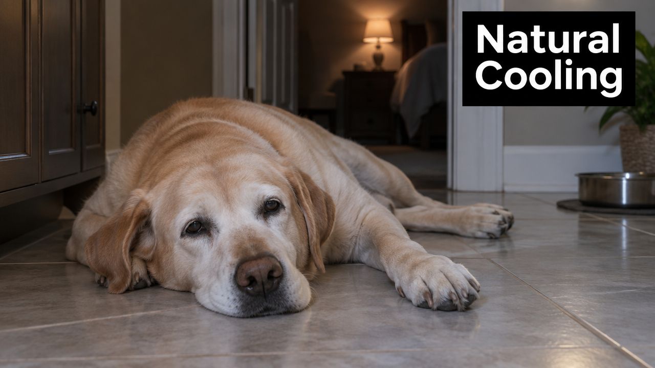 A yellow Labrador Retriever resting on a cool tiled floor in a home interior setting.