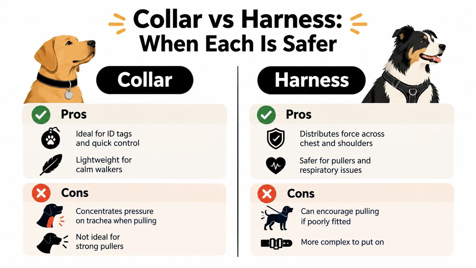 A comparison infographic showing pros and cons of using a dog collar versus a dog harness.