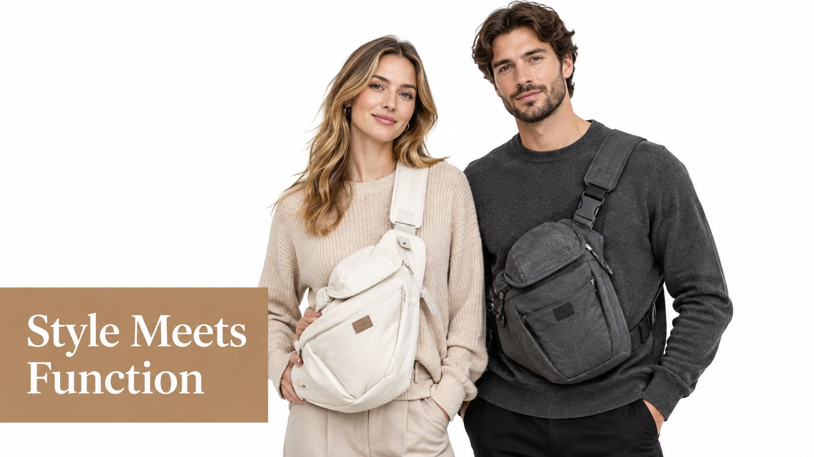 A man and a woman modeling casual crossbody bags, showcasing stylish pet carriers in beige and charcoal colors.