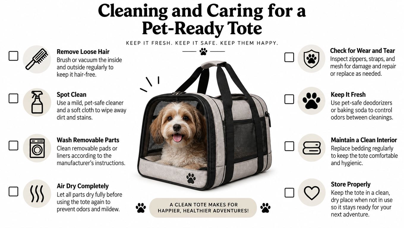 An infographic on how to clean and maintain a pet-ready tote bag for traveling with dogs.
