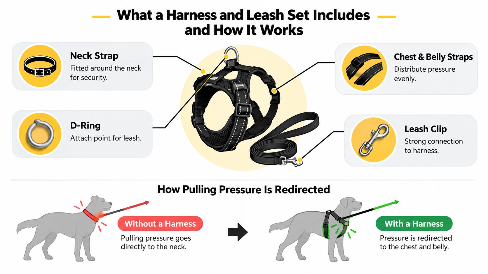 An infographic showing how a dog harness and leash set distributes pressure across a pet's body.