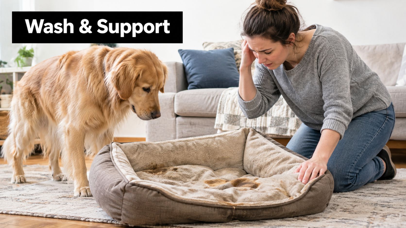 A concerned woman kneels beside a soiled orthopedic dog bed while her golden retriever looks on.