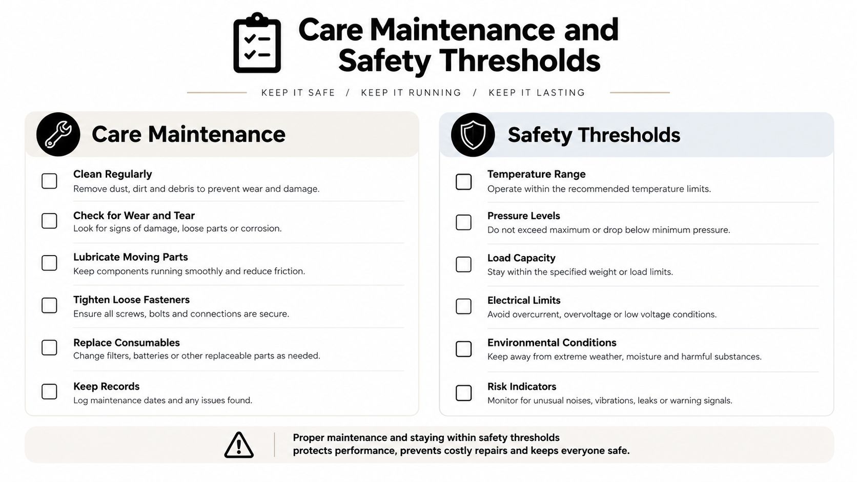 An infographic detailing essential care maintenance tips and safety thresholds for keeping equipment running safely and efficiently.