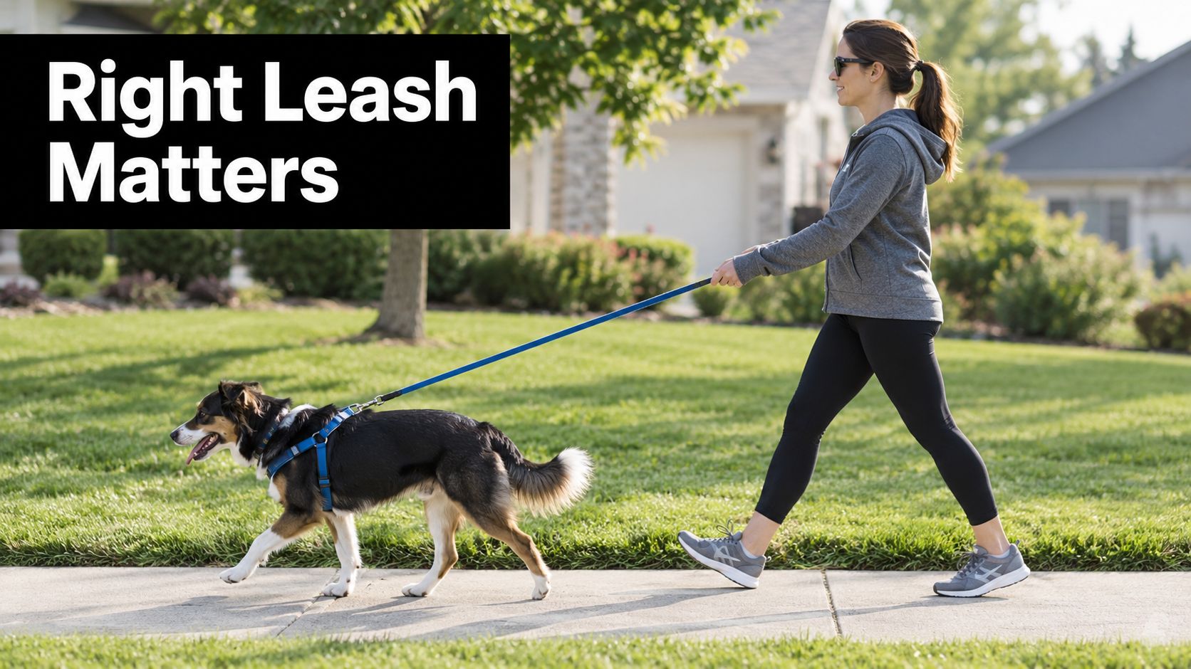 A woman walking her happy Australian Shepherd dog on a sunny day using a blue leash.