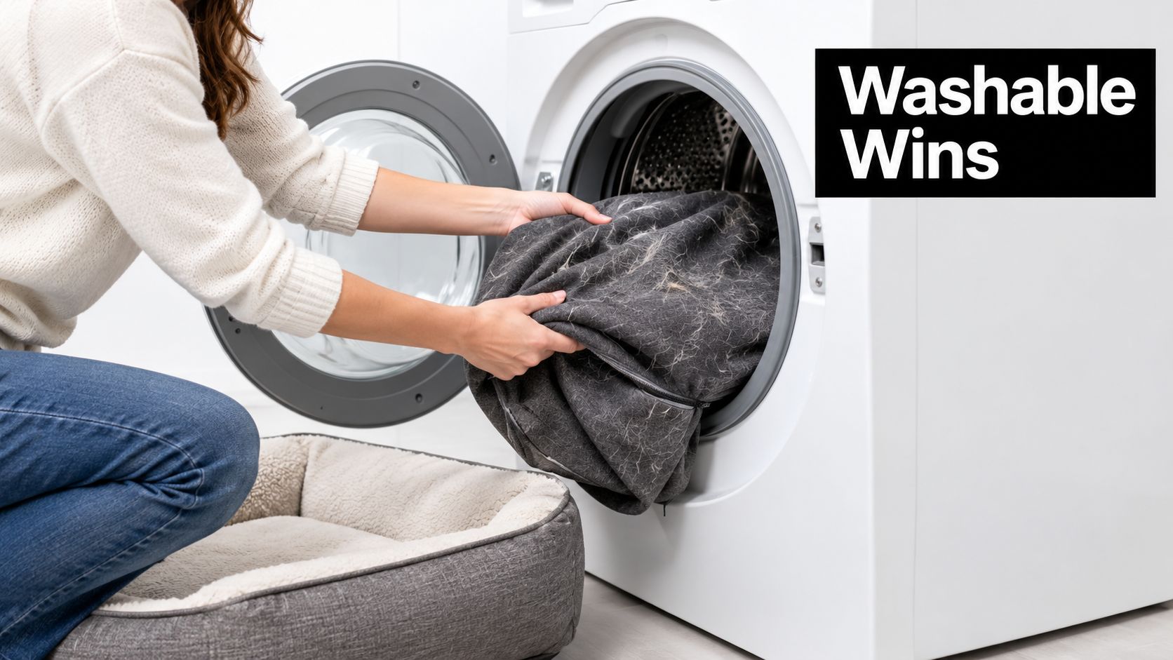 A woman putting a dirty, fur-covered dog bed cover into a white washing machine for cleaning.