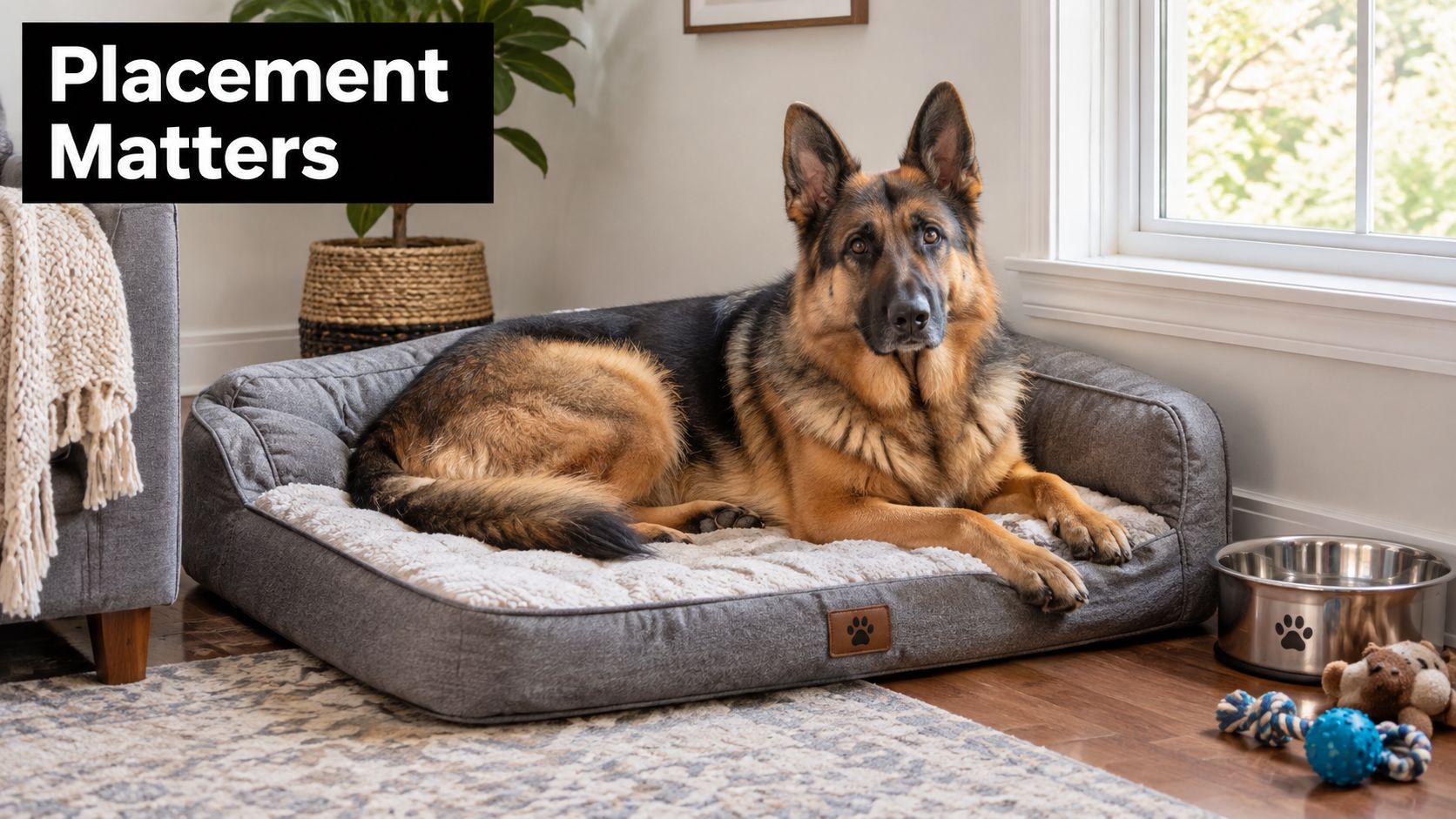 A German Shepherd dog rests comfortably on a large, plush grey orthopedic dog bed placed on a floor.
