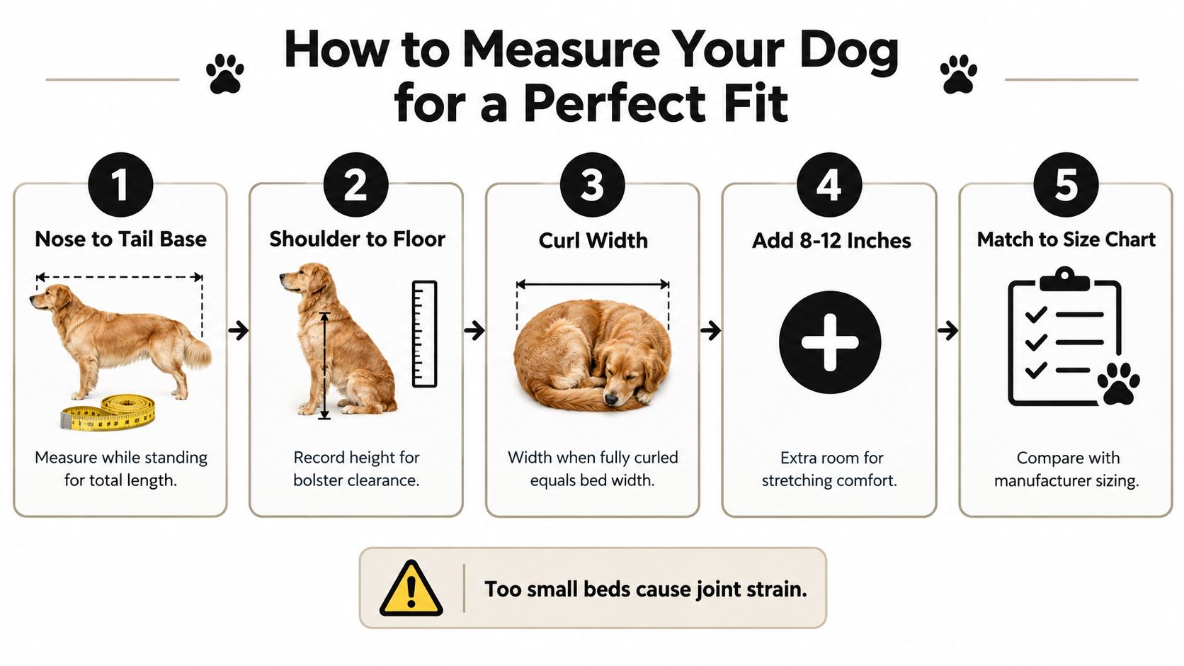 An infographic showing five simple steps to measure a dog for a properly sized orthopedic bed.