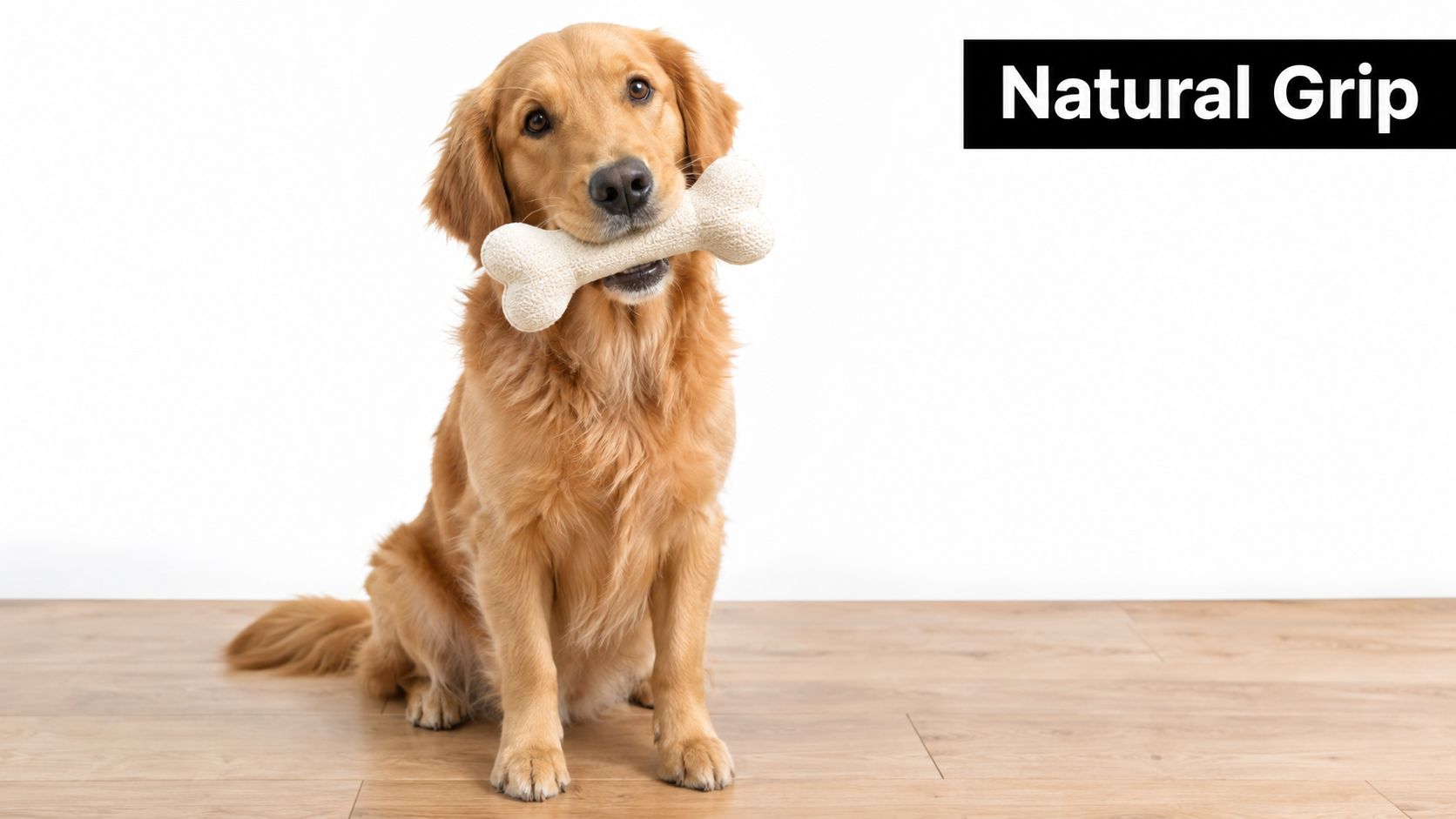 A golden retriever sitting on a wooden floor holding a textured toy bone in its mouth.