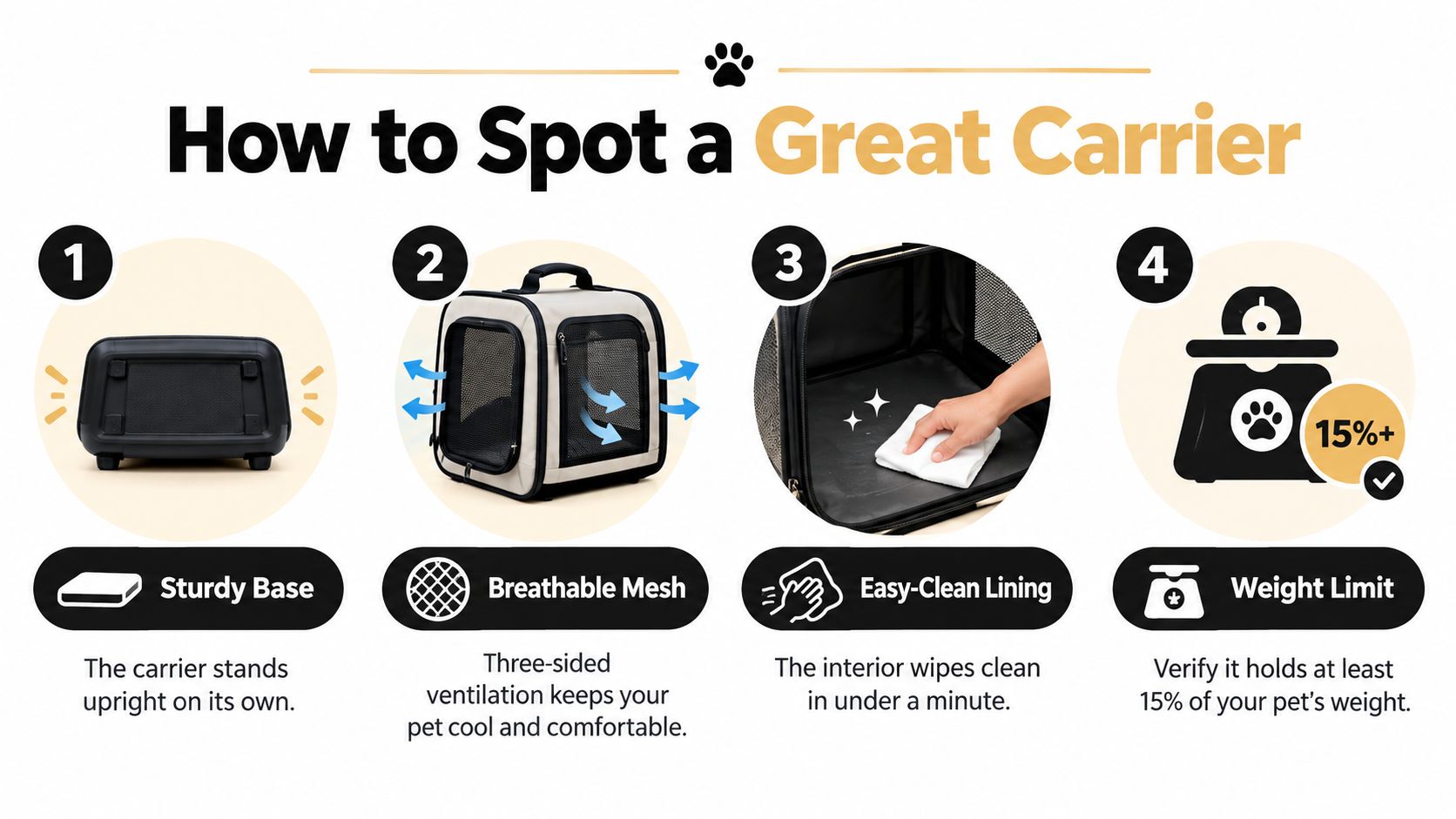 An infographic showing four essential features to look for when choosing a high-quality pet carrier.