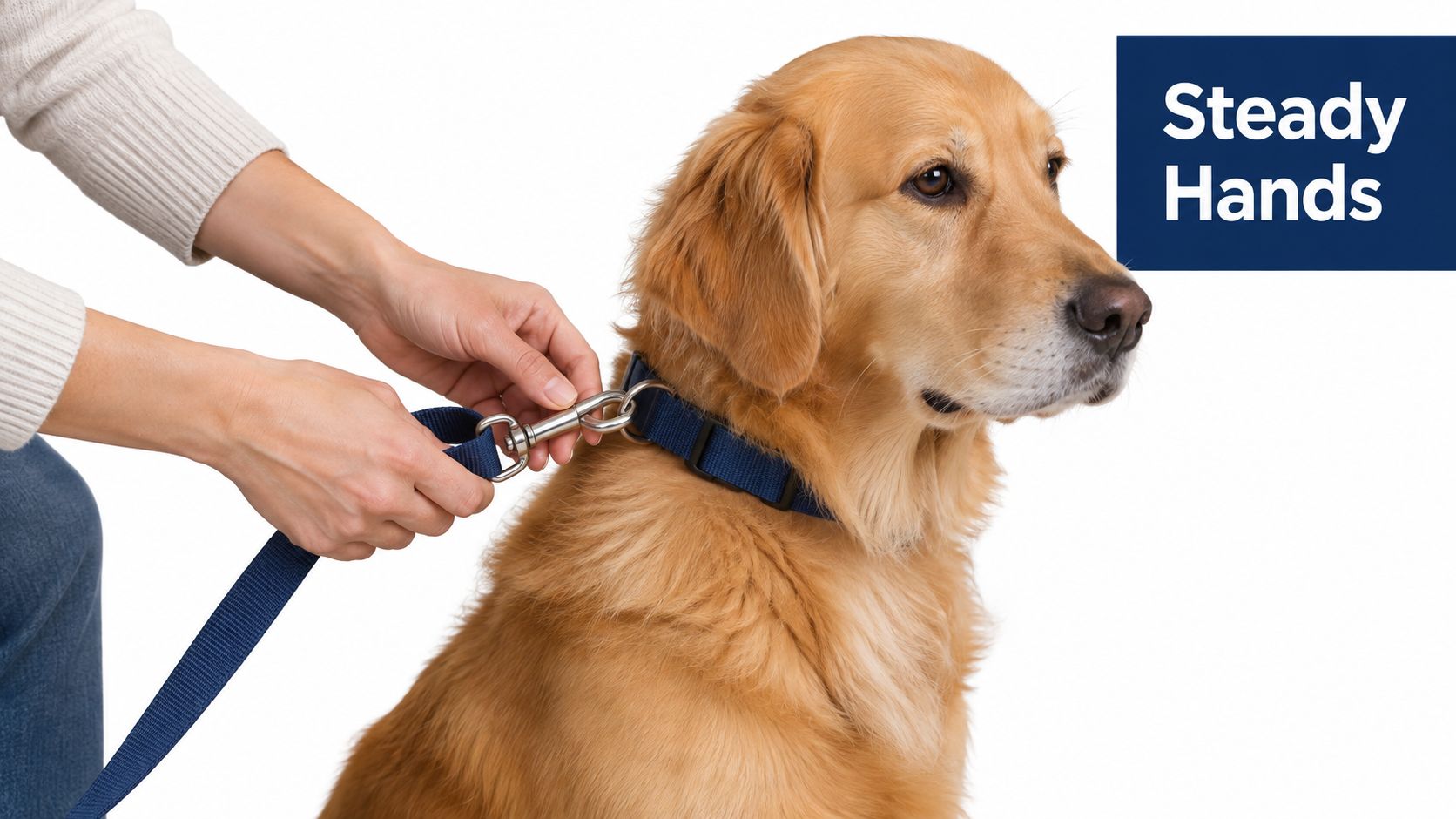 A person carefully clipping a blue dog leash onto the collar of a golden retriever dog.