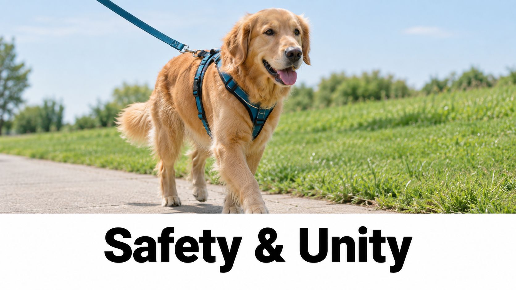 A happy Golden Retriever dog wearing a blue harness and leash walking on a sunny sidewalk outdoors.