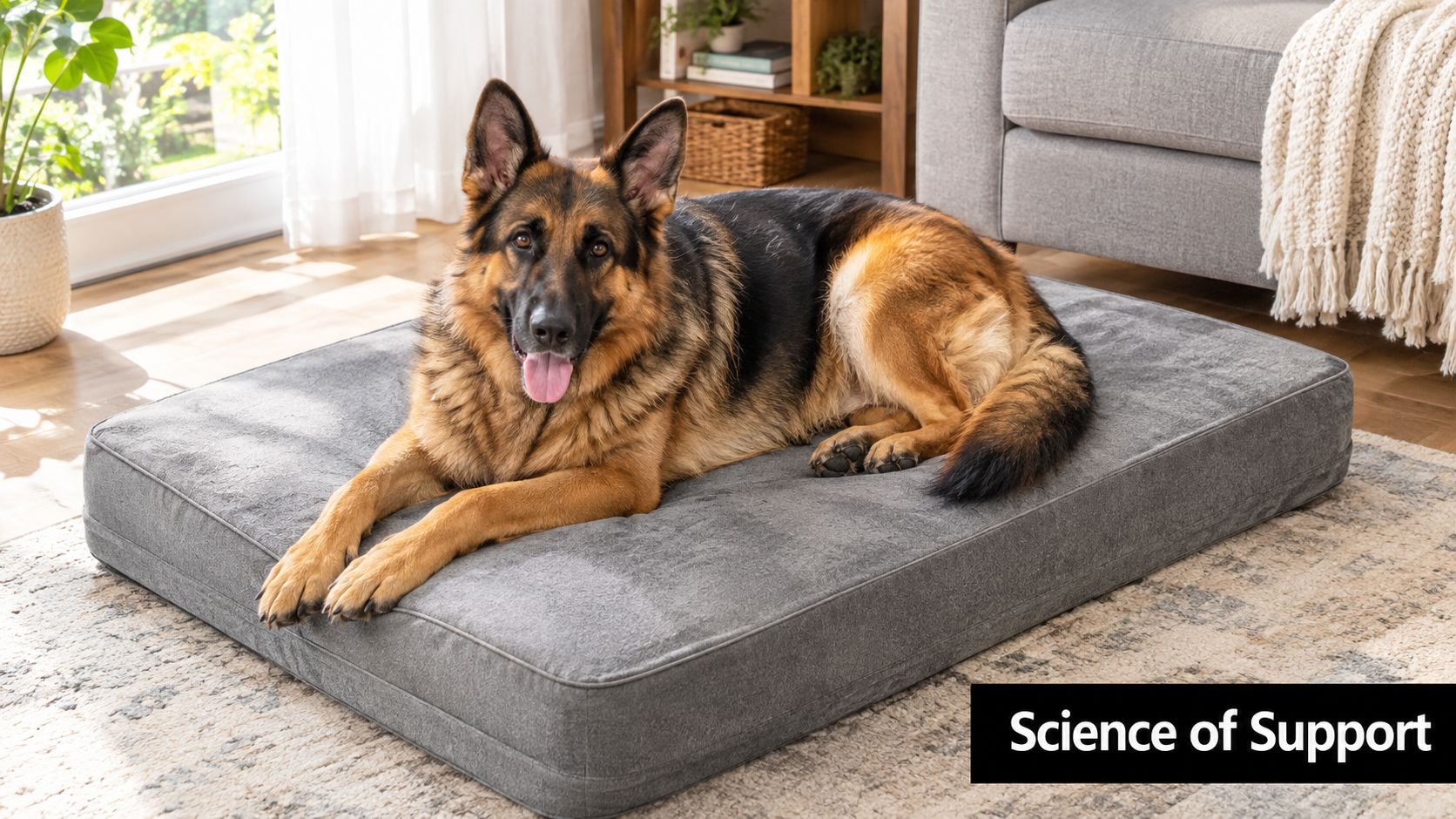 A happy German Shepherd dog lying comfortably on a large rectangular grey orthopedic pet bed indoors.