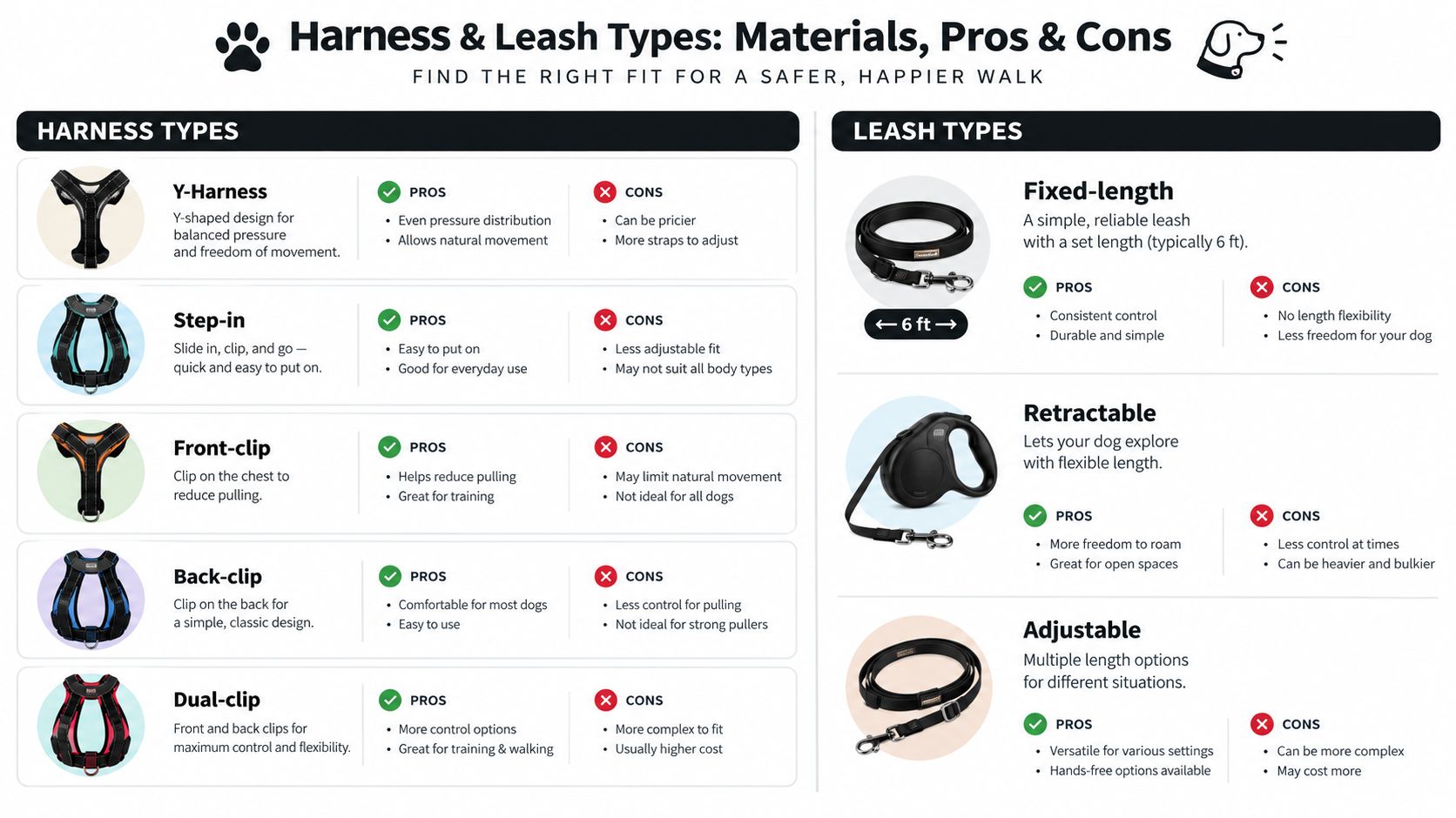 A comprehensive infographic comparing different types of dog harnesses and leashes, detailing their pros and cons.