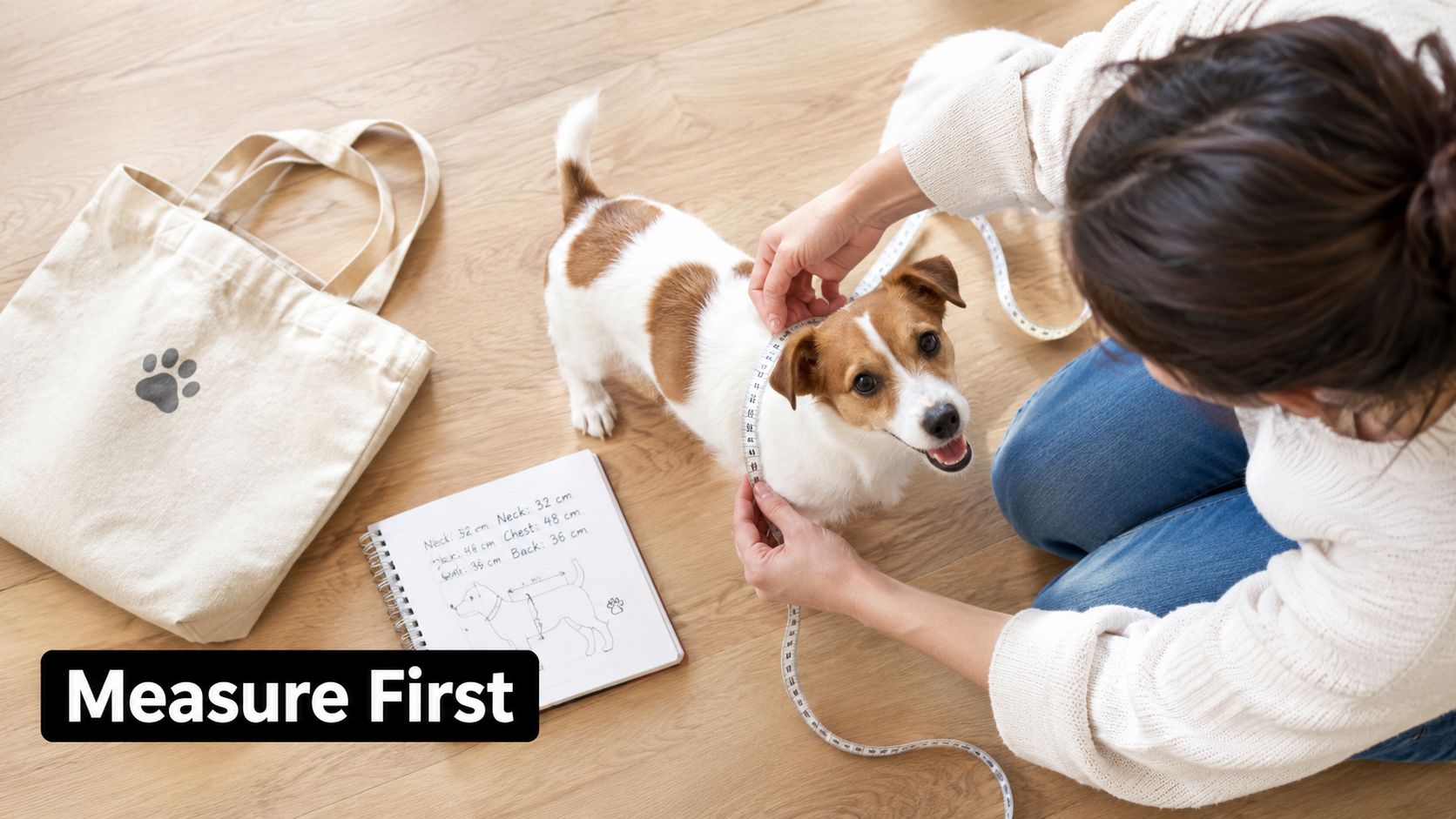 A woman measures a Jack Russell Terrier with a tape measure to select a canvas dog carrier.