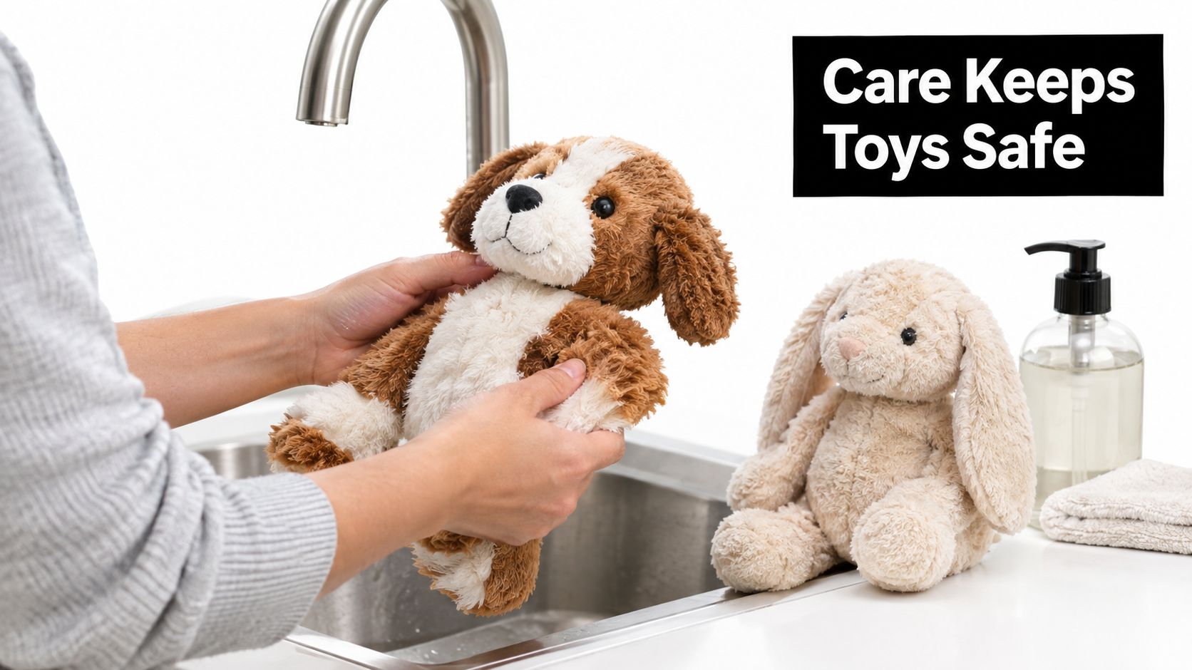 A person washing a brown and white plush puppy dog toy in a clean kitchen sink.