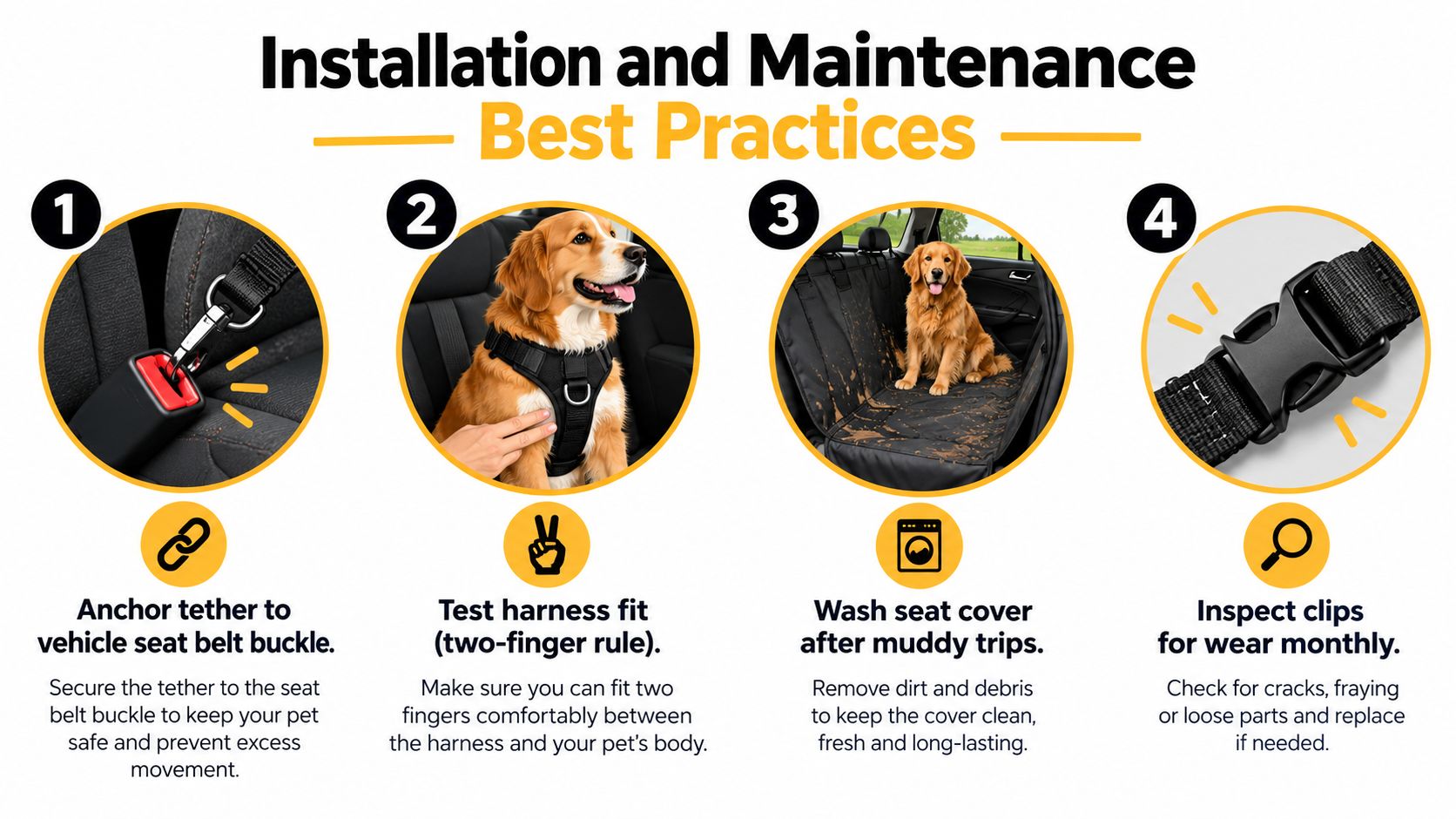 An infographic showing four steps for the installation and maintenance of pet travel car accessories.