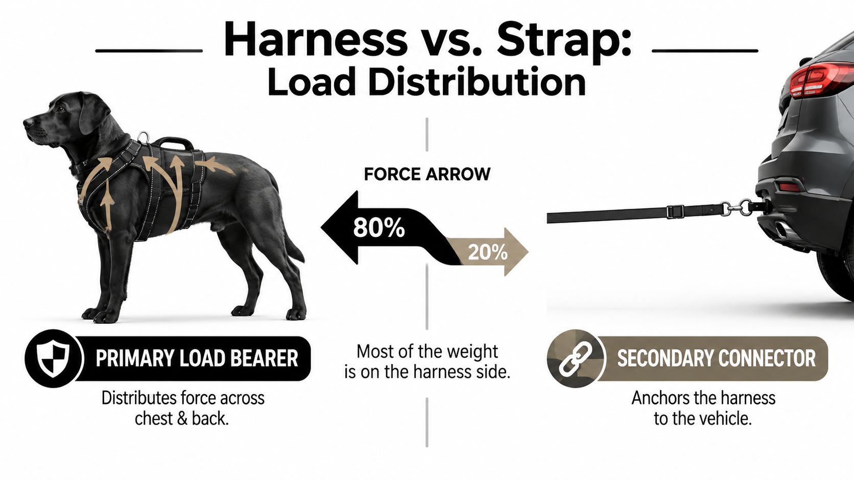 A diagram comparing load distribution between a dog harness and a vehicle safety strap.