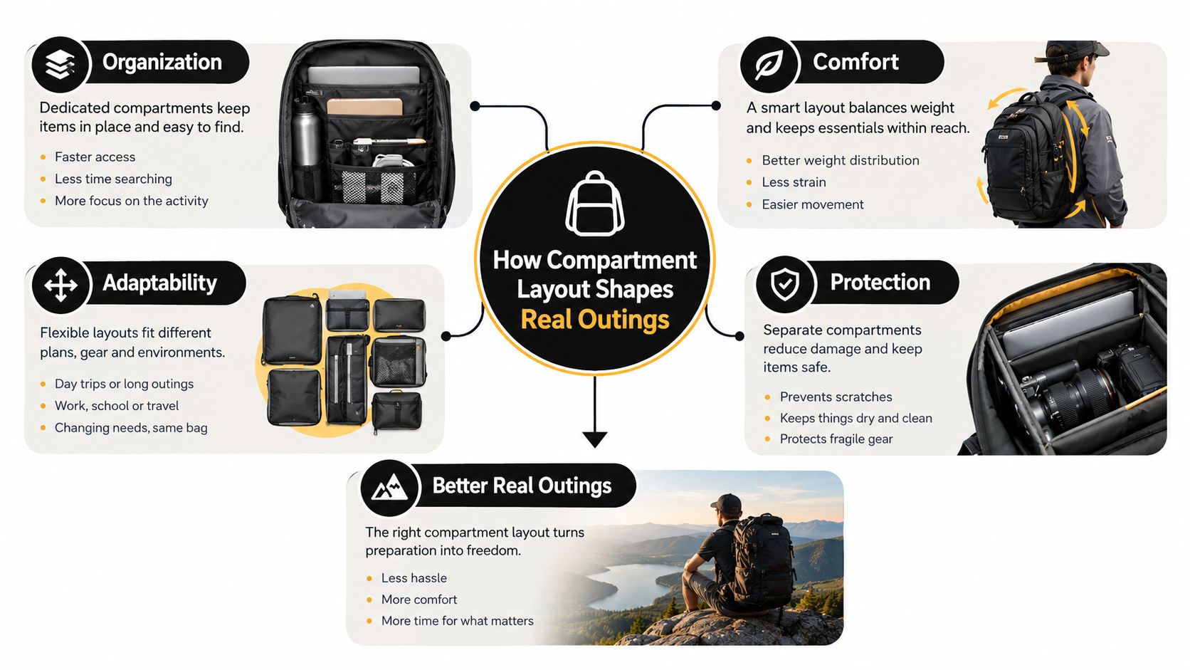 An infographic detailing how backpack compartment organization improves comfort, adaptability, protection, and overall travel experiences.
