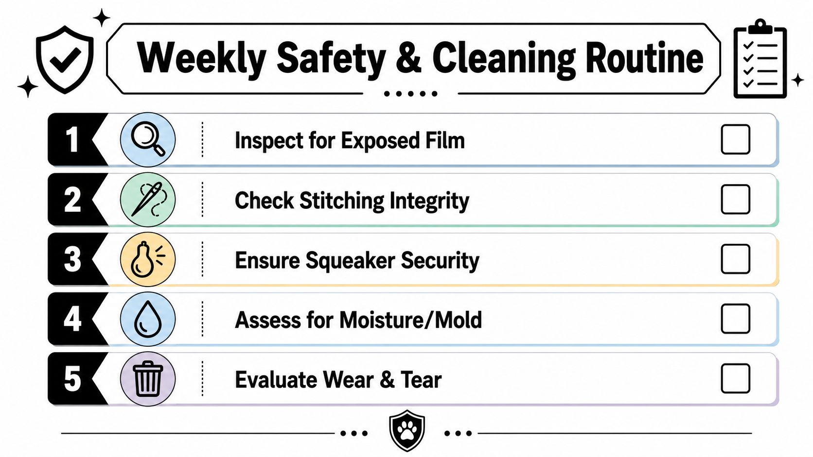A weekly safety and cleaning routine checklist for pet toys featuring five steps for maintenance and care.