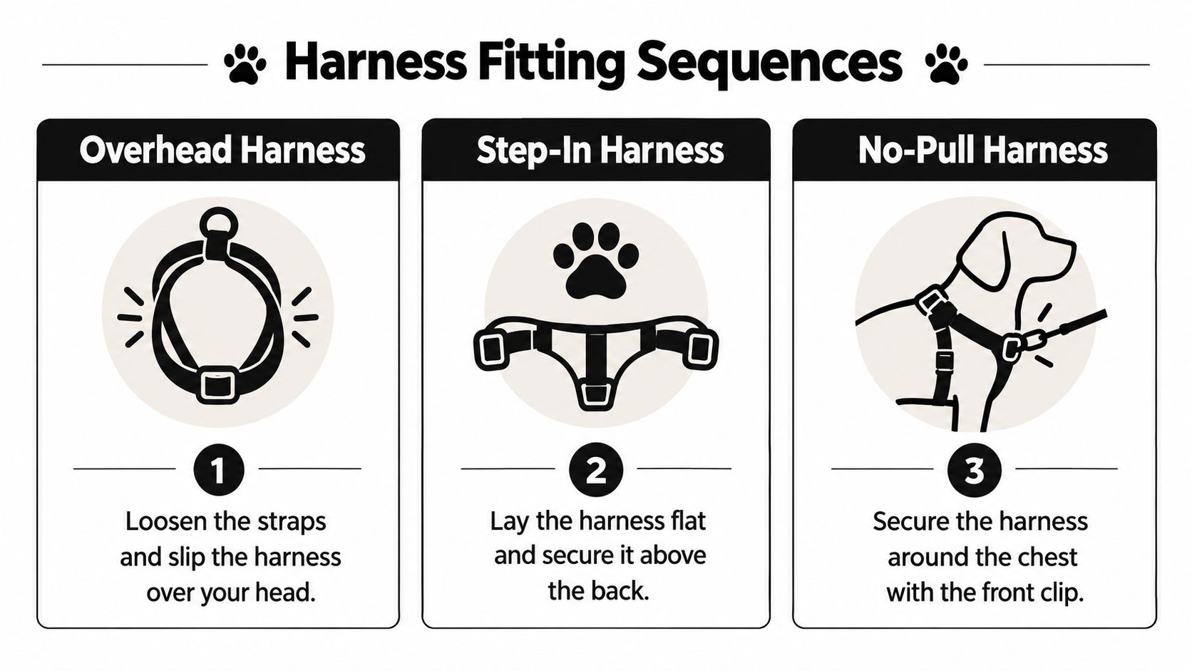 An infographic showing three types of dog harnesses with step-by-step instructions for putting them on.