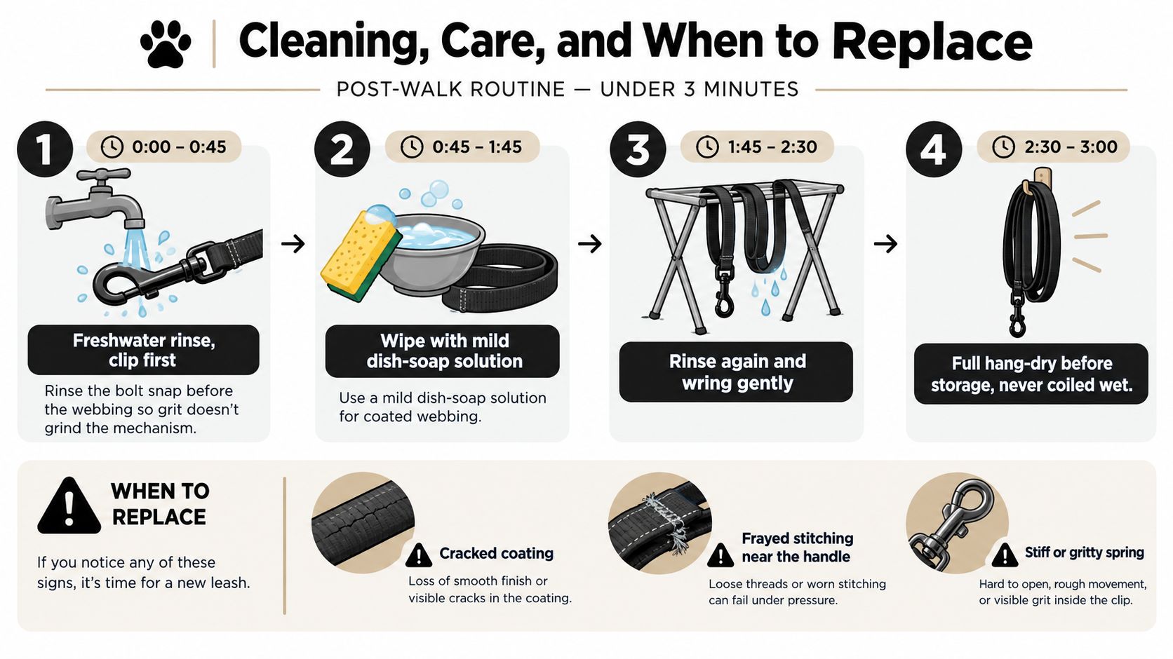 An instructional infographic detailing the post-walk cleaning routine and replacement signs for a waterproof dog leash.