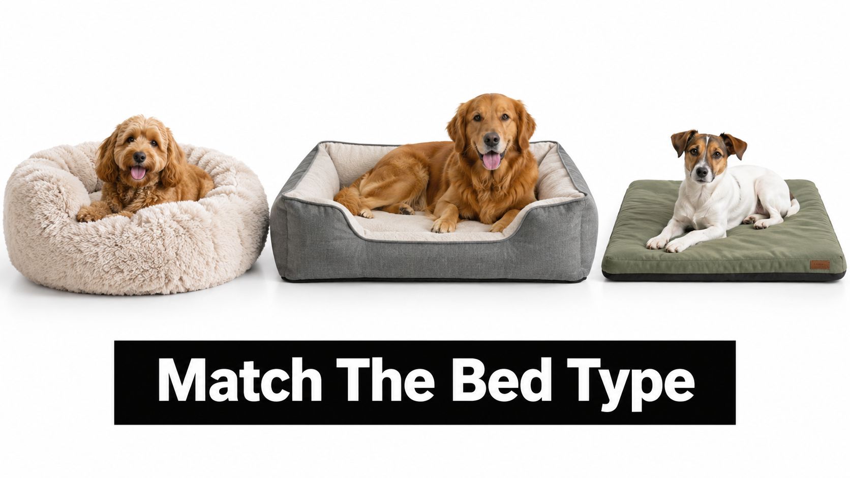 Three different types of dog beds displayed in a row with a dog sitting on each bed.