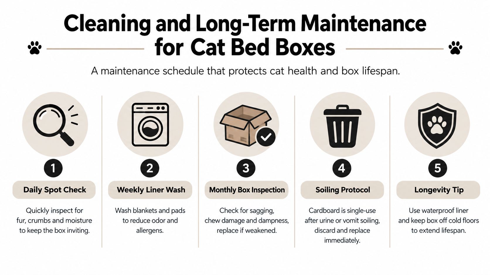 An infographic showing a five-step cleaning and maintenance schedule for cat bed boxes for cat owners.