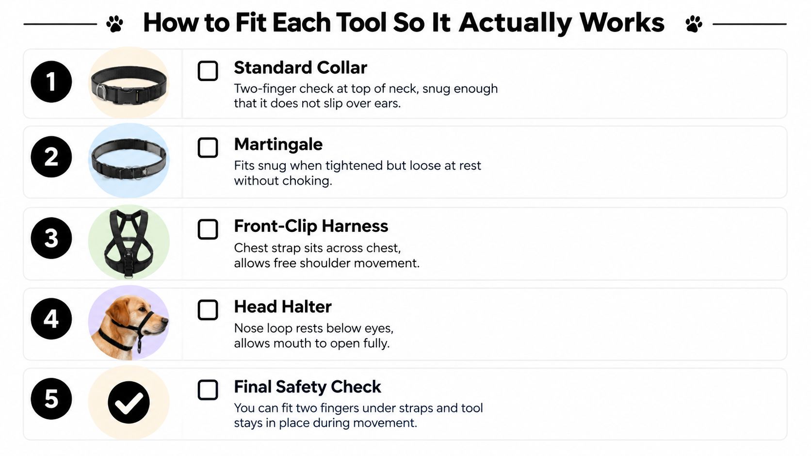 An instructional infographic detailing how to properly fit five different types of dog collars and harnesses.