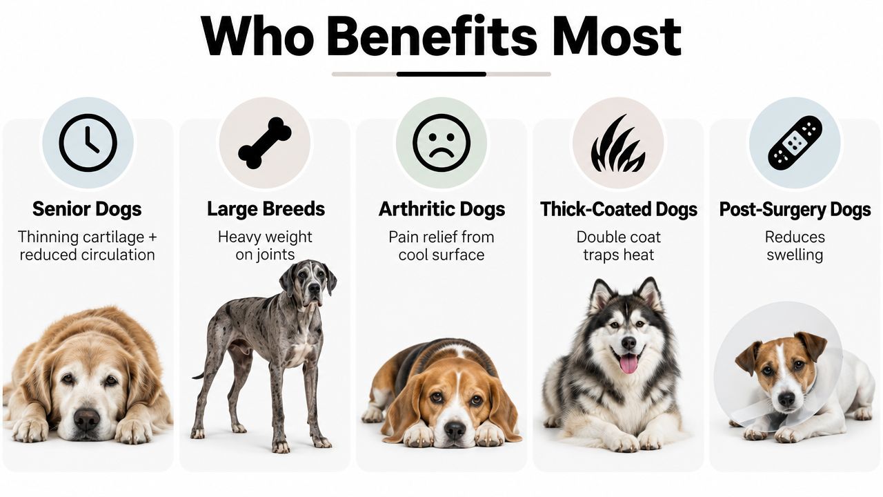 A diagram illustrating five types of dogs that benefit most from a cooling orthopedic pet bed.
