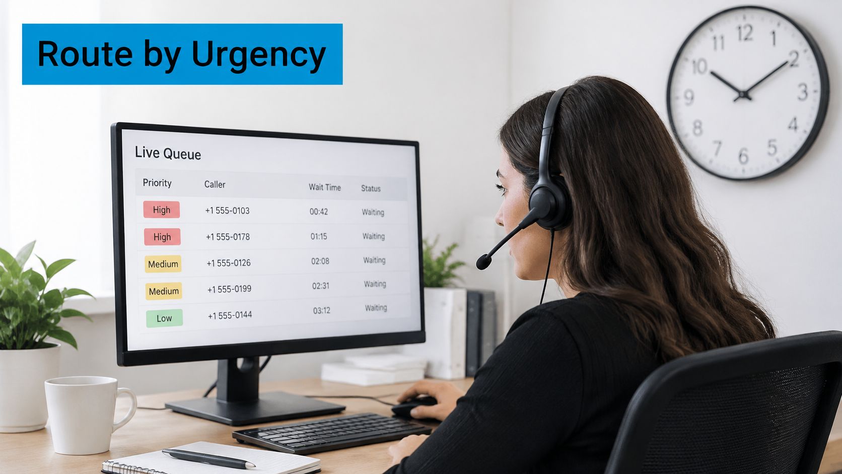 A customer service representative wearing a headset reviews a live call queue on her computer monitor.