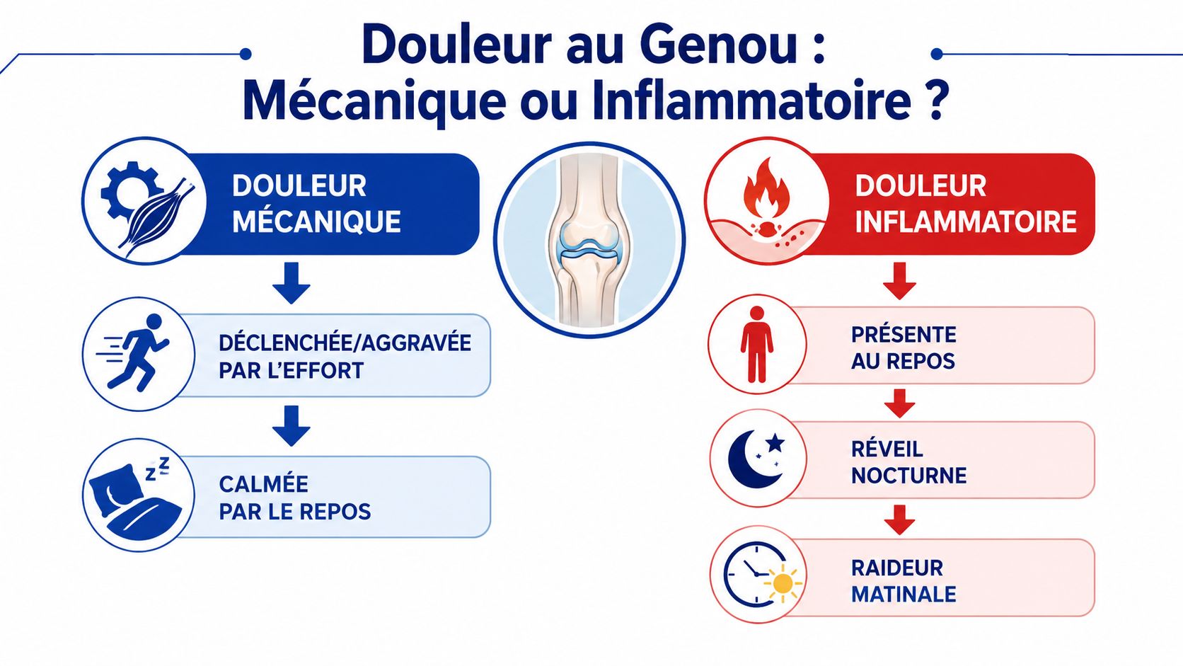 Infographie comparant les caractéristiques de la douleur mécanique et inflammatoire au niveau du genou.
