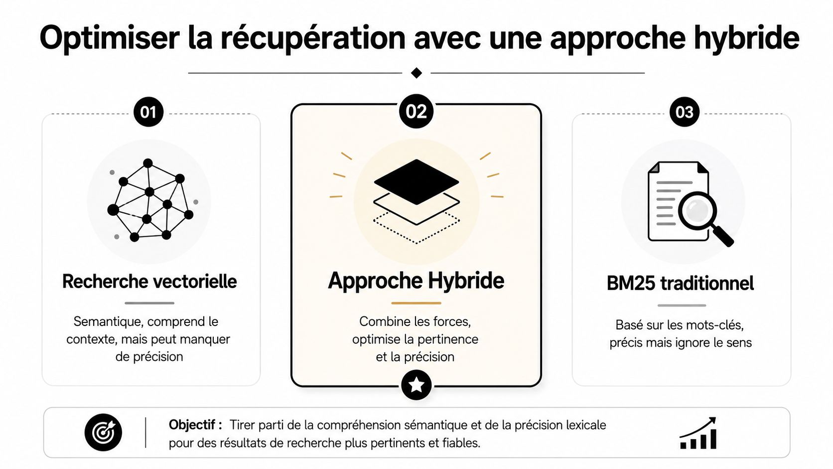 Schéma expliquant l'optimisation de la recherche par une approche hybride combinant vecteurs et BM25 pour plus de pertinence.